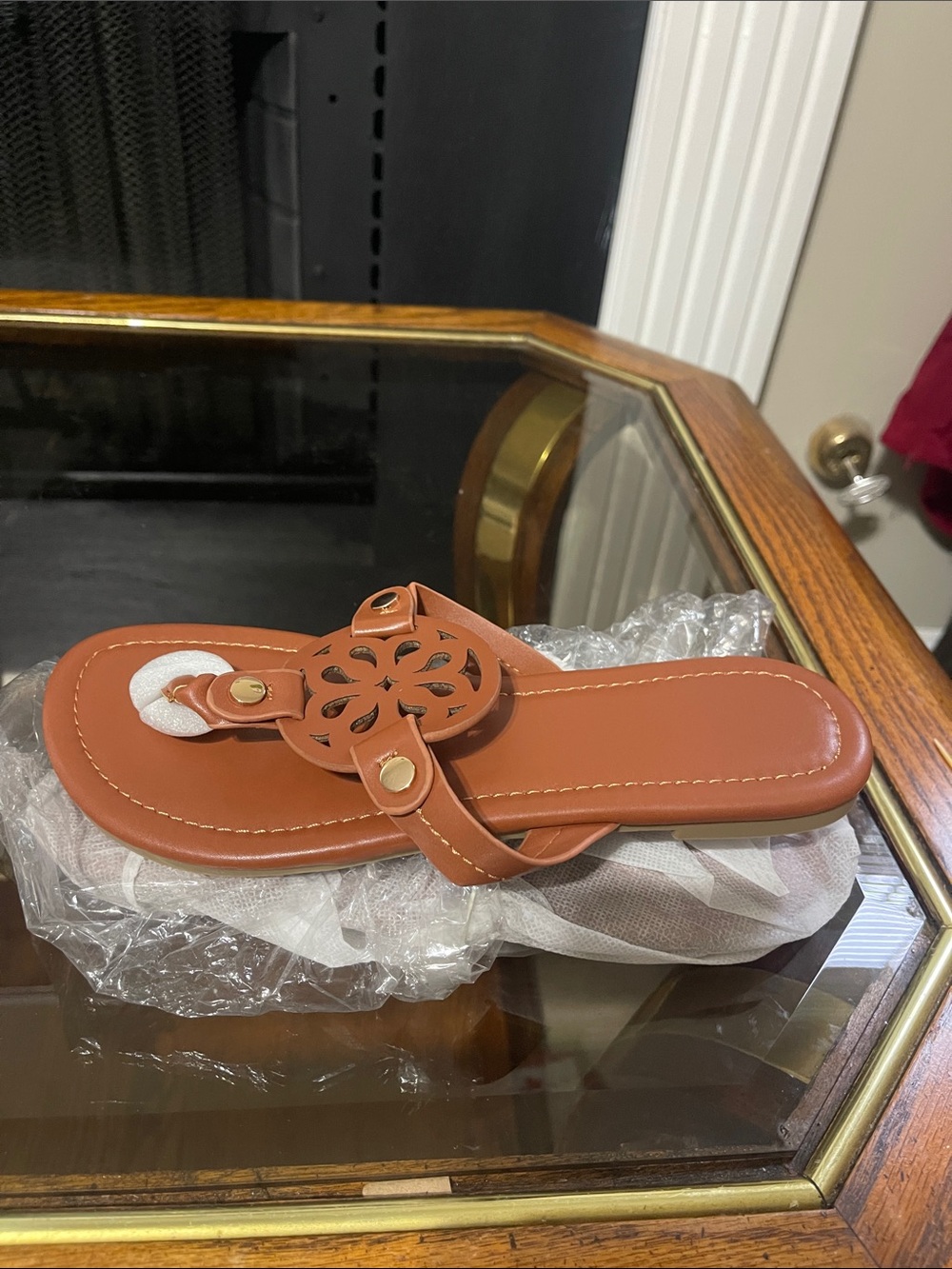 Women's Tan Leatherette Thong Sandals with Decorative Medallion